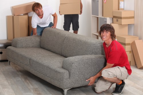 Packed office furniture and equipment ready for relocation